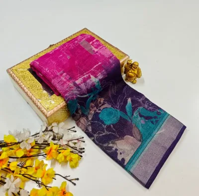 Large Floral & Leaf Print Design Soft Linen-Cotton Saree